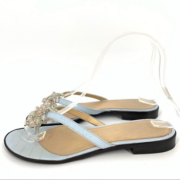 Talbots womens sandals size 5 blue leather tortoise embossed beaded flop flops - Picture 11 of 12